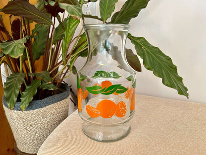 Anchor Hocking Glass Juice Carafe — Orange & Green Leaf Motif, 8.5"H, Found at Brimfield - Loom Vintage