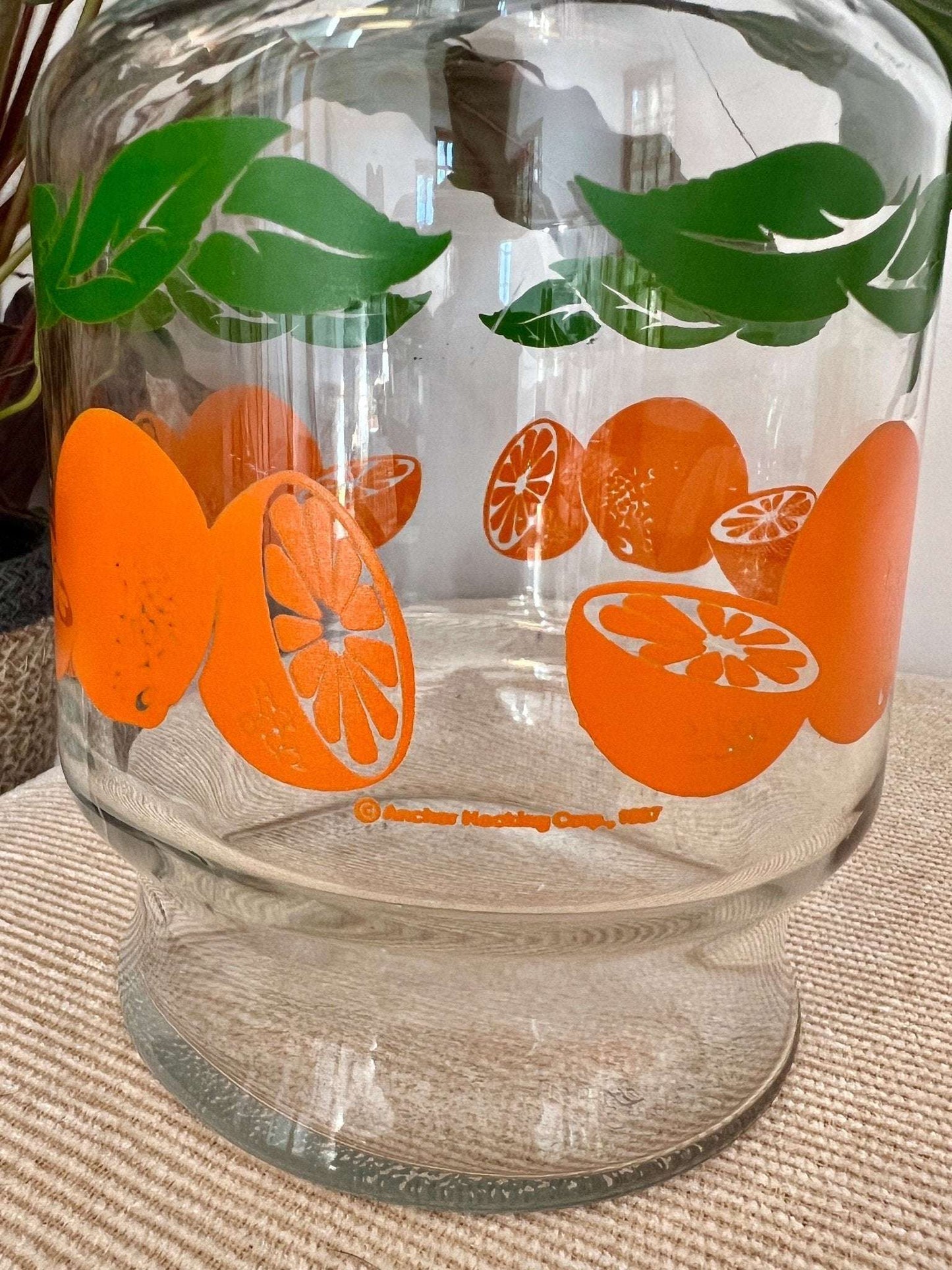 Anchor Hocking Glass Juice Carafe — Orange & Green Leaf Motif, 8.5"H, Found at Brimfield - Loom Vintage