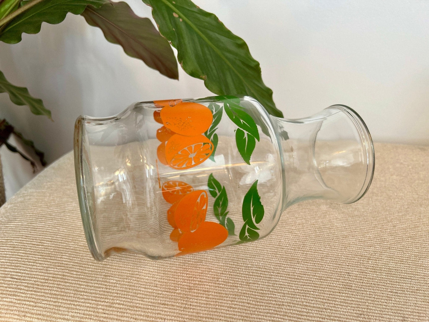 Anchor Hocking Glass Juice Carafe — Orange & Green Leaf Motif, 8.5"H, Found at Brimfield - Loom Vintage