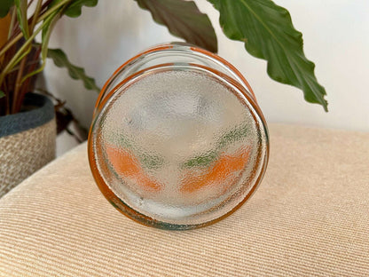 Anchor Hocking Glass Juice Carafe — Orange & Green Leaf Motif, 8.5"H, Found at Brimfield - Loom Vintage