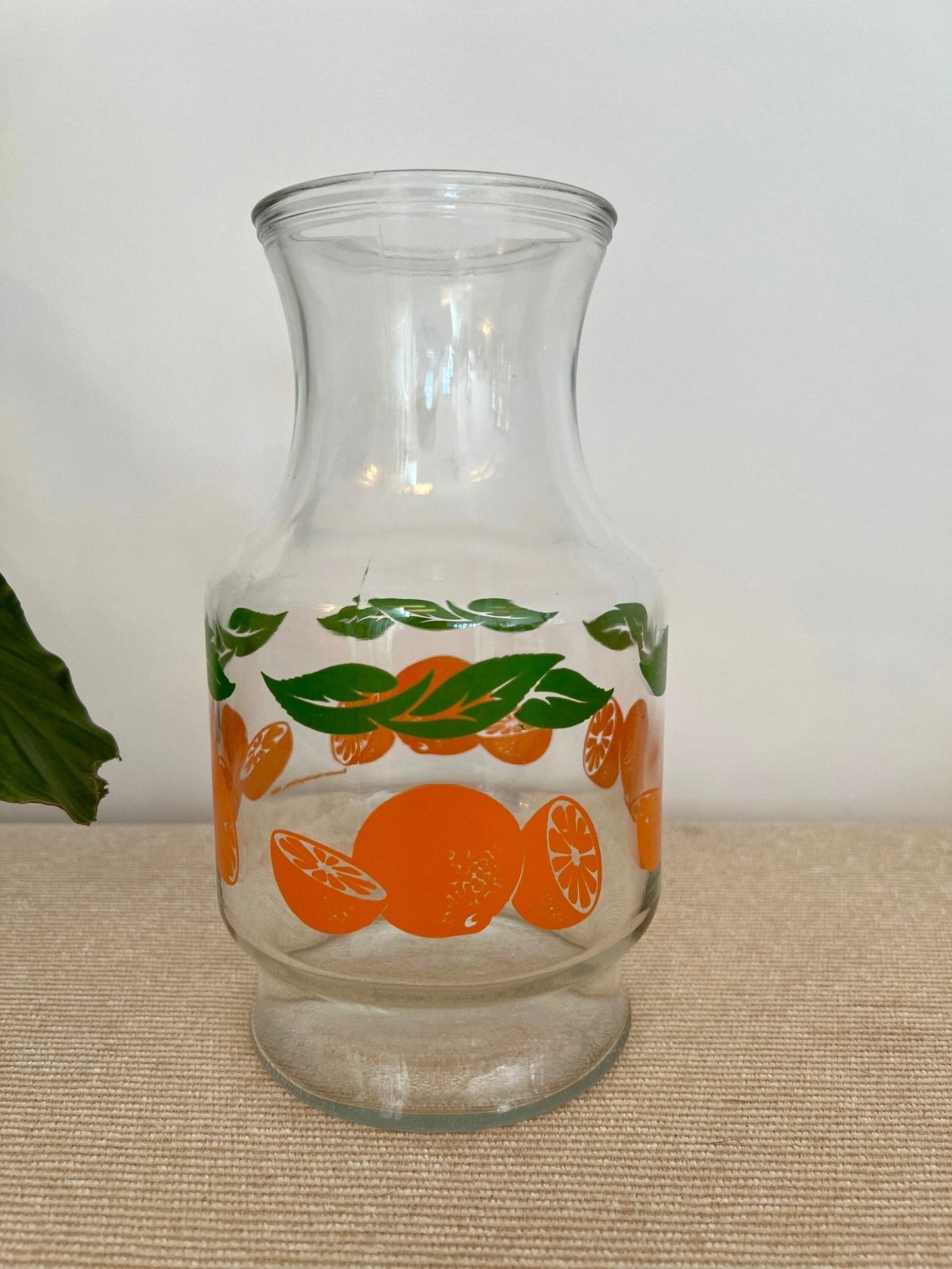 Anchor Hocking Glass Juice Carafe — Orange & Green Leaf Motif, 8.5"H, Found at Brimfield - Loom Vintage