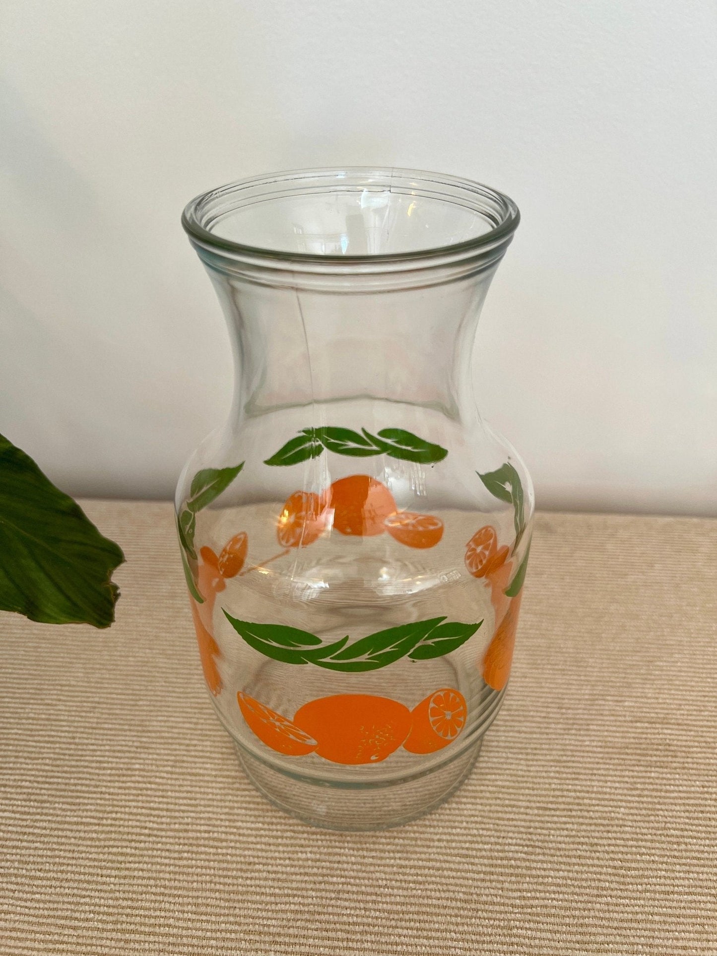 Anchor Hocking Glass Juice Carafe — Orange & Green Leaf Motif, 8.5"H, Found at Brimfield - Loom Vintage