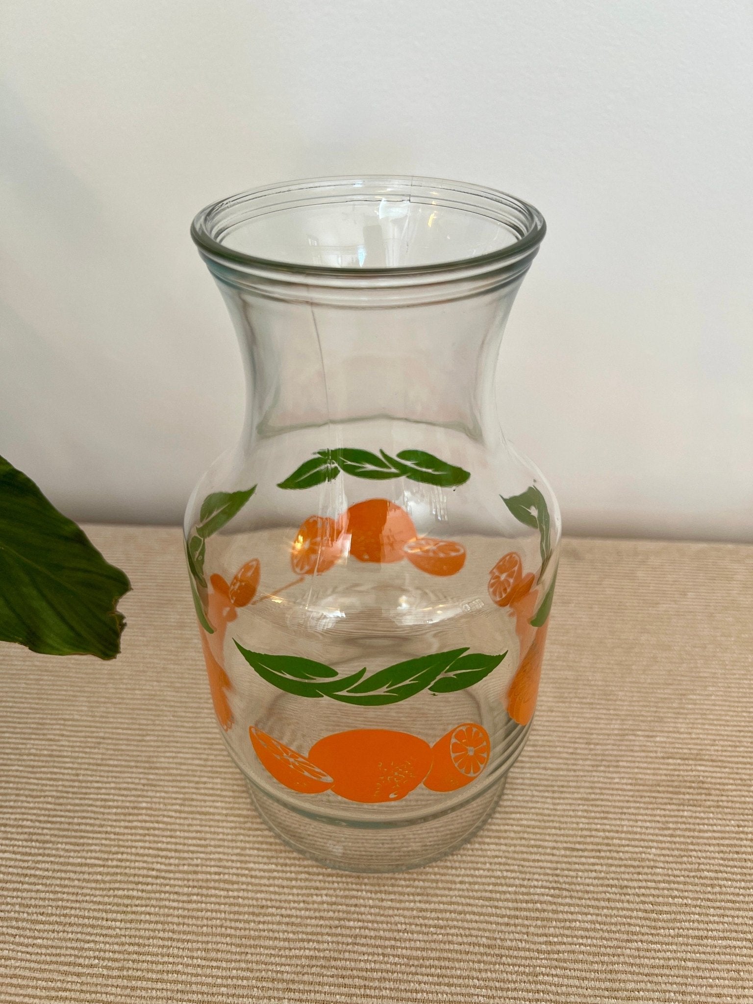 Anchor Hocking Glass Juice Carafe — Orange & Green Leaf Motif, 8.5"H, Found at Brimfield - Loom Vintage