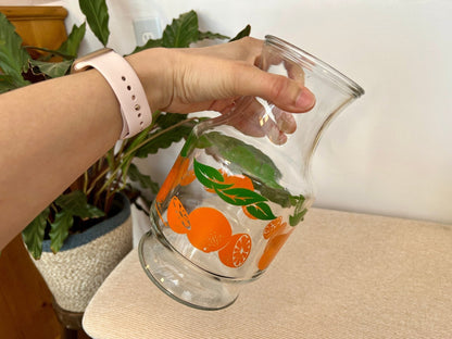 Anchor Hocking Glass Juice Carafe — Orange & Green Leaf Motif, 8.5"H, Found at Brimfield - Loom Vintage