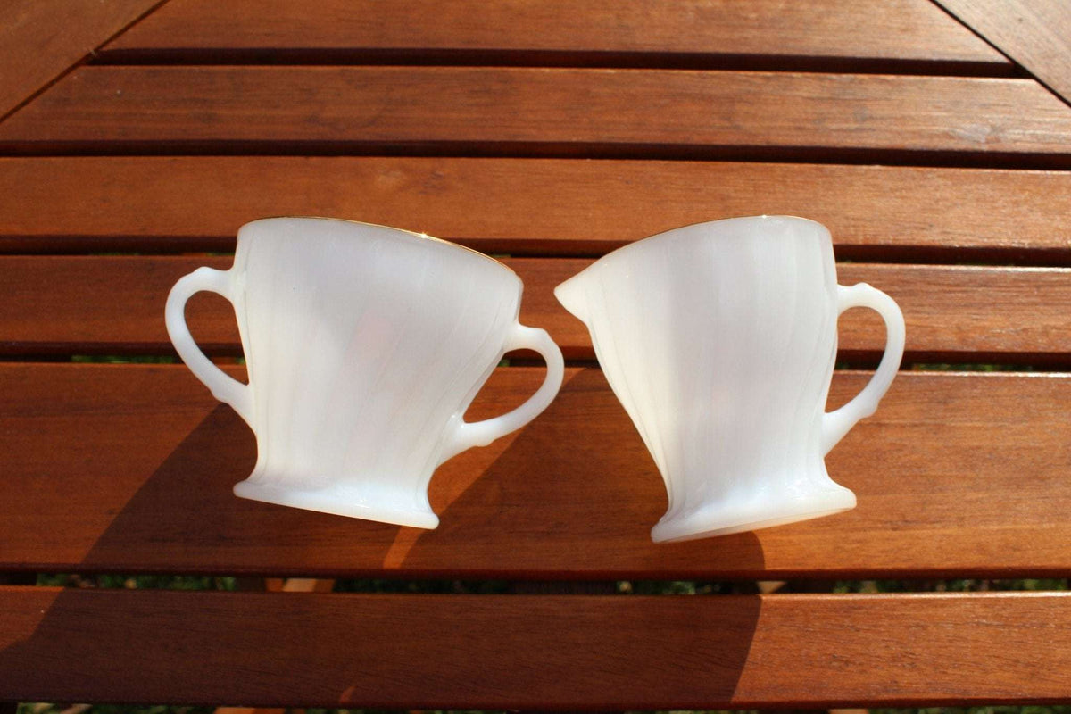 Vintage Anchor Hocking milk glass cream and sugar set, Swirl pattern with gold rim, photo 8 of 10