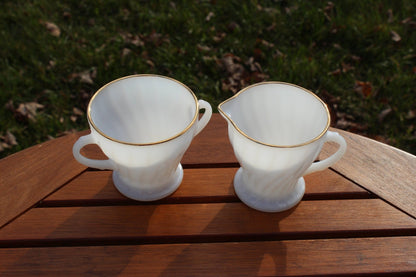 Anchor Hocking Milk Glass, Swirl, Milk + Sugar Bowl, Glass Dishes, Cream and Sugar Set - Loom Vintage