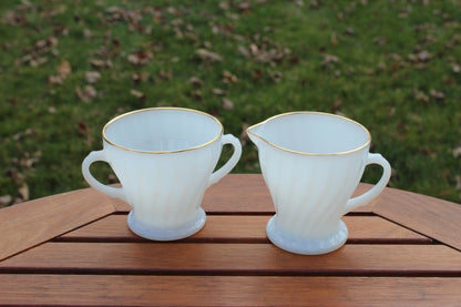 Anchor Hocking Milk Glass, Swirl, Milk + Sugar Bowl, Glass Dishes, Cream and Sugar Set - Loom Vintage