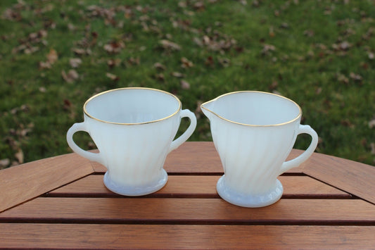 Anchor Hocking Milk Glass, Swirl, Milk + Sugar Bowl, Glass Dishes, Cream and Sugar Set - Loom Vintage