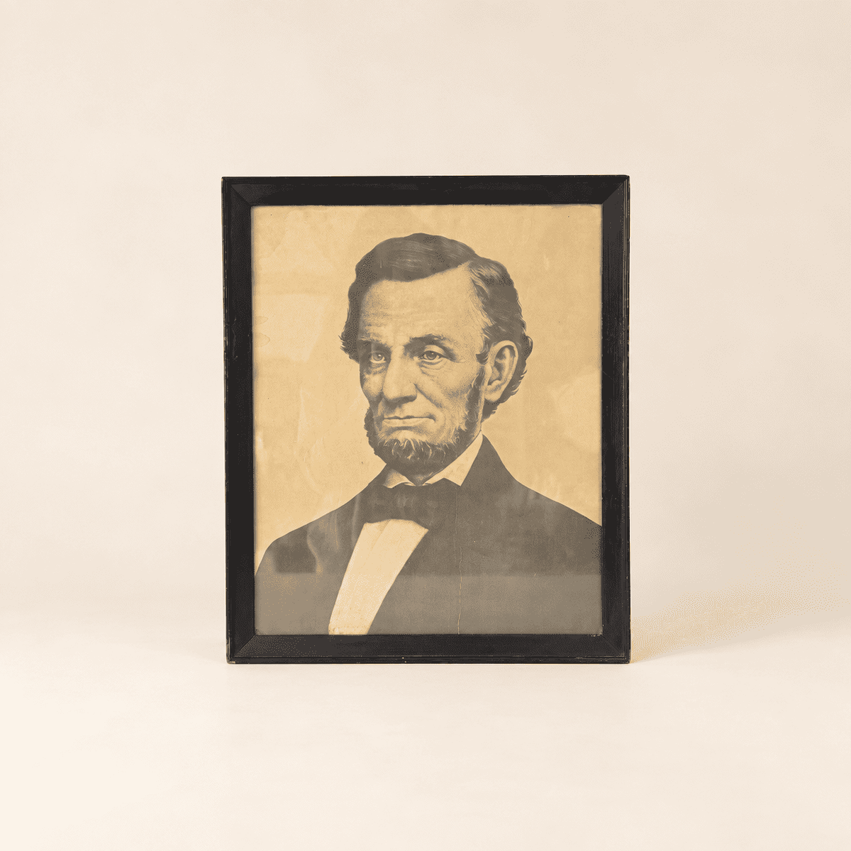 Framed antique Lincoln portrait print shown at a distance for scale, photo 3 of 5