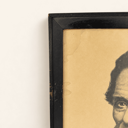 Side view detail of antique black wood frame on Lincoln print, photo 4 of 5