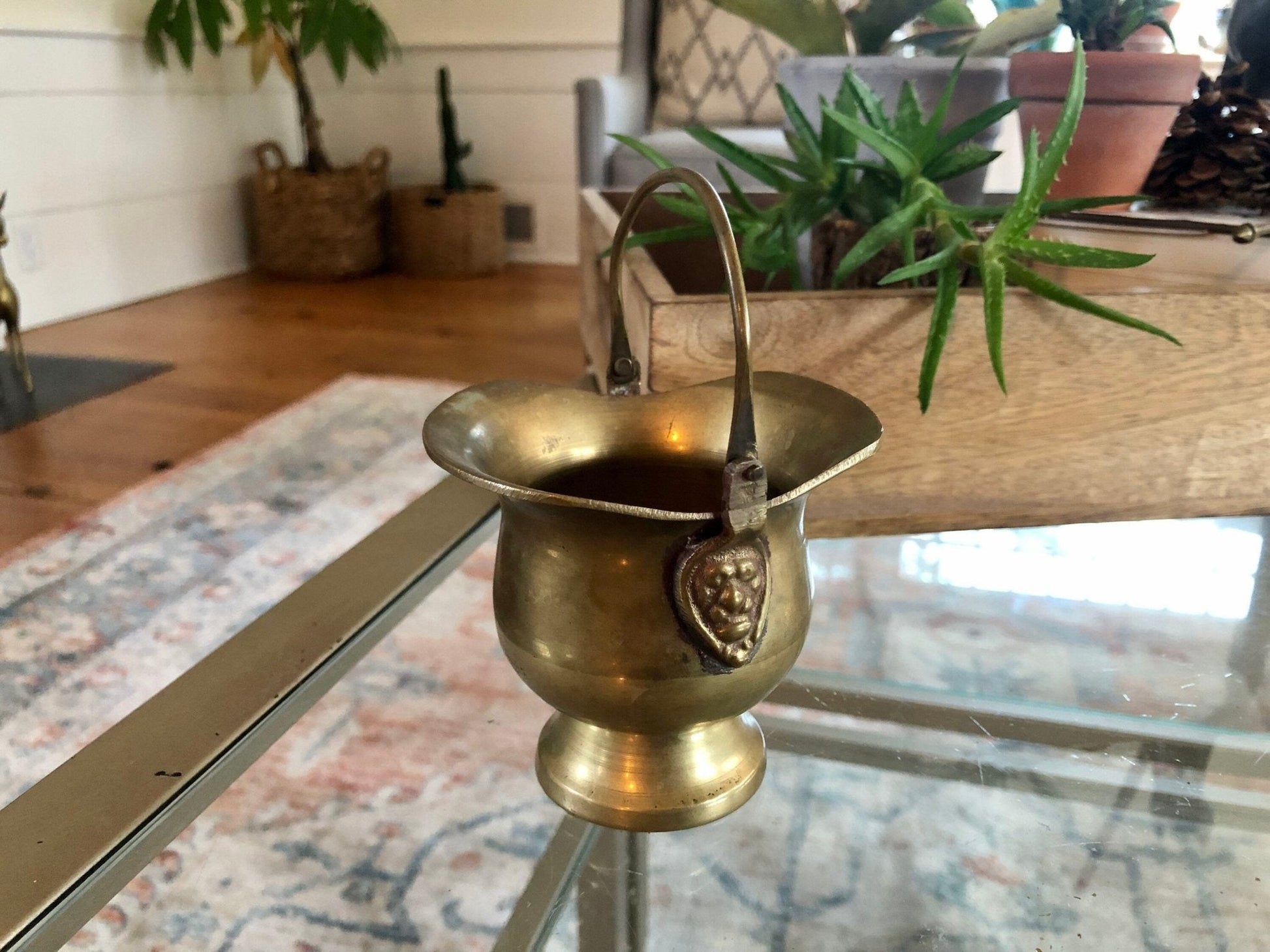 Antique Brass Mini Ash Pail, Planter, Pot, Bucket With Handle, Farmhouse Home Decor, Country French Decor, Copper Kitchen Campfire Pot - Loom Vintage