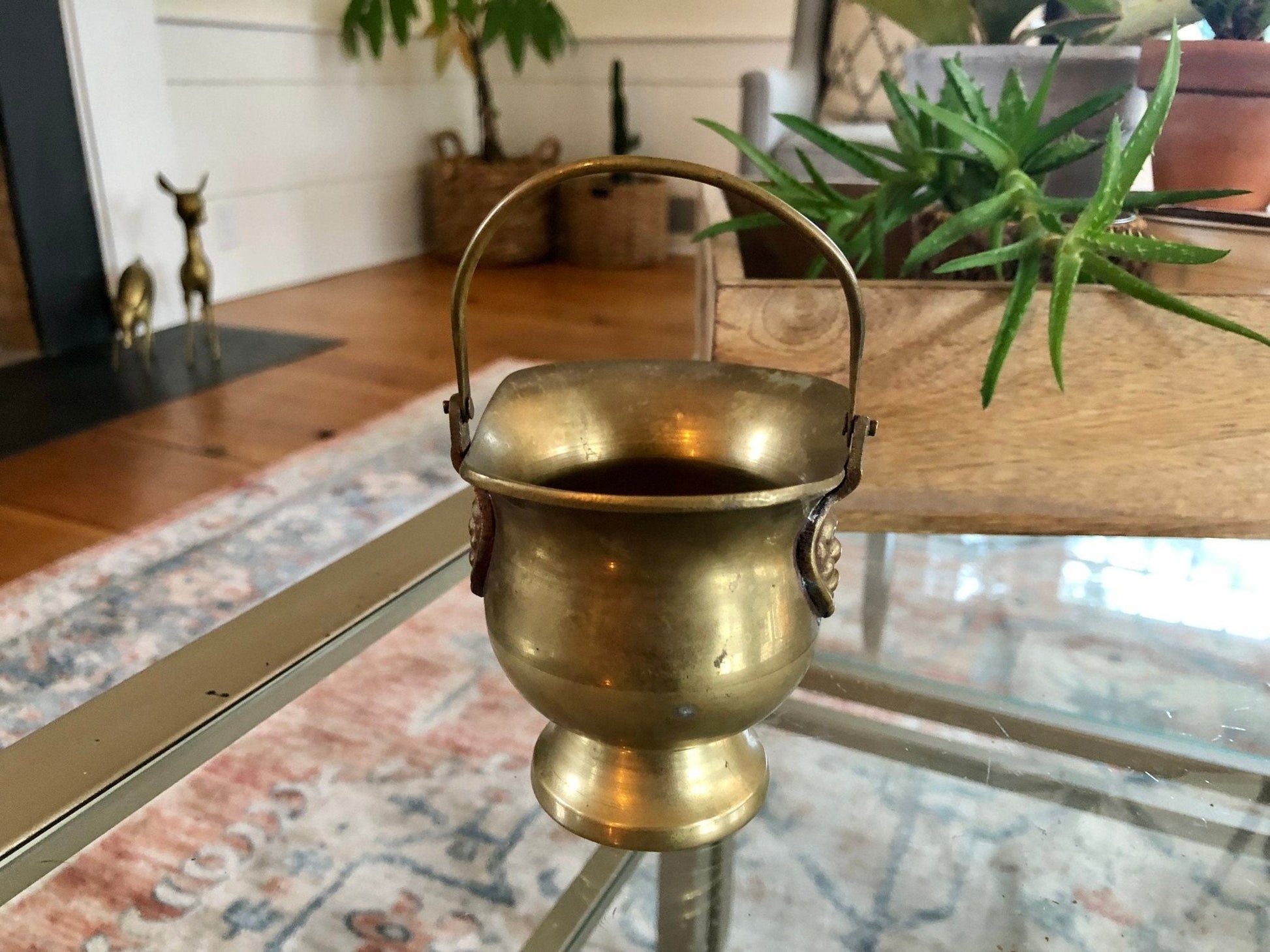 Antique Brass Mini Ash Pail, Planter, Pot, Bucket With Handle, Farmhouse Home Decor, Country French Decor, Copper Kitchen Campfire Pot - Loom Vintage
