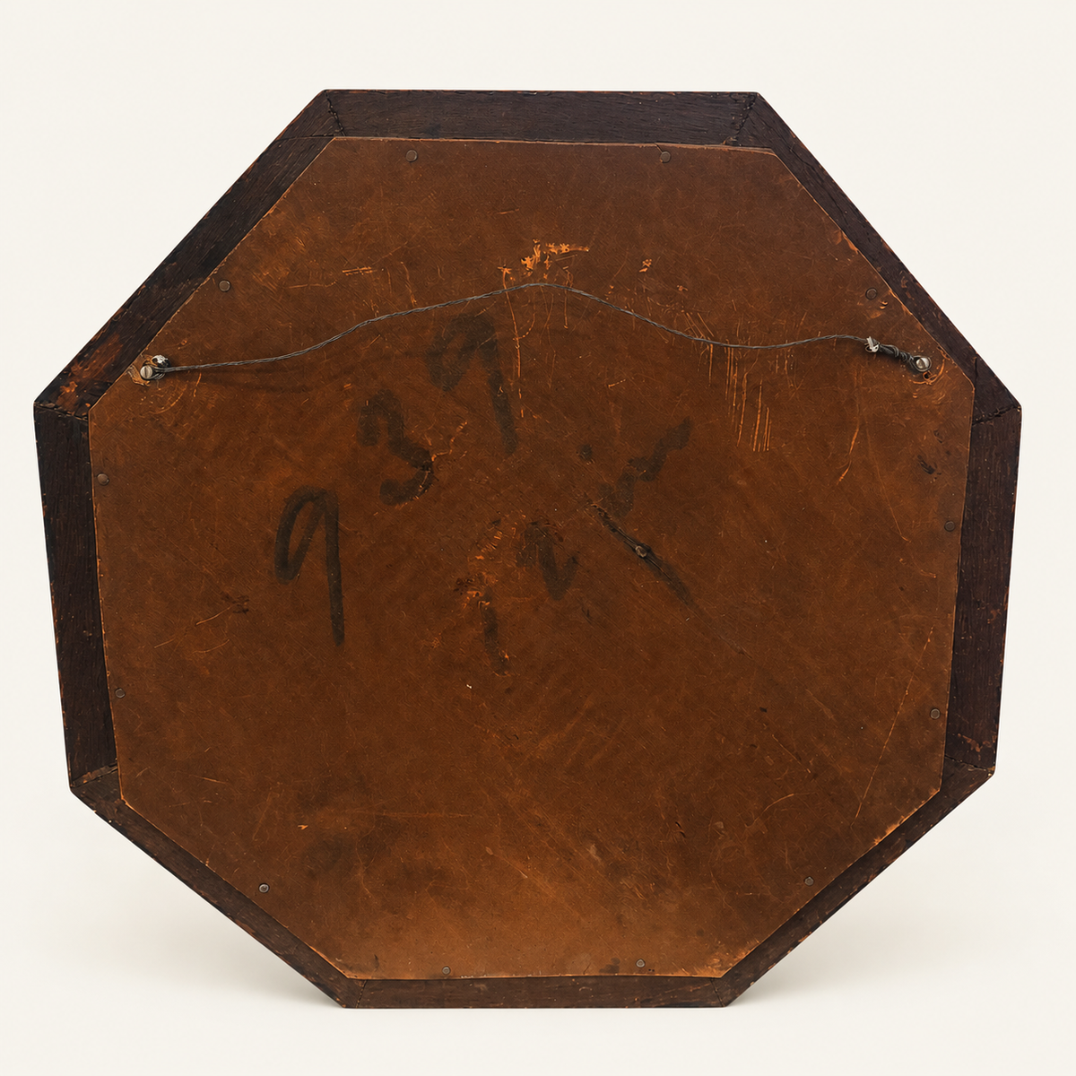 Reverse of the antique oak mirror showing the wood backing, hanging wire and handwritten 939