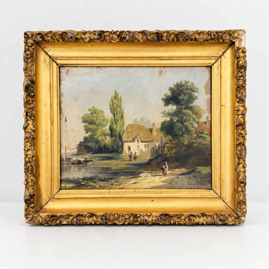 Antique French village landscape print in ornate gilt frame, front view, photo 1 of 5
