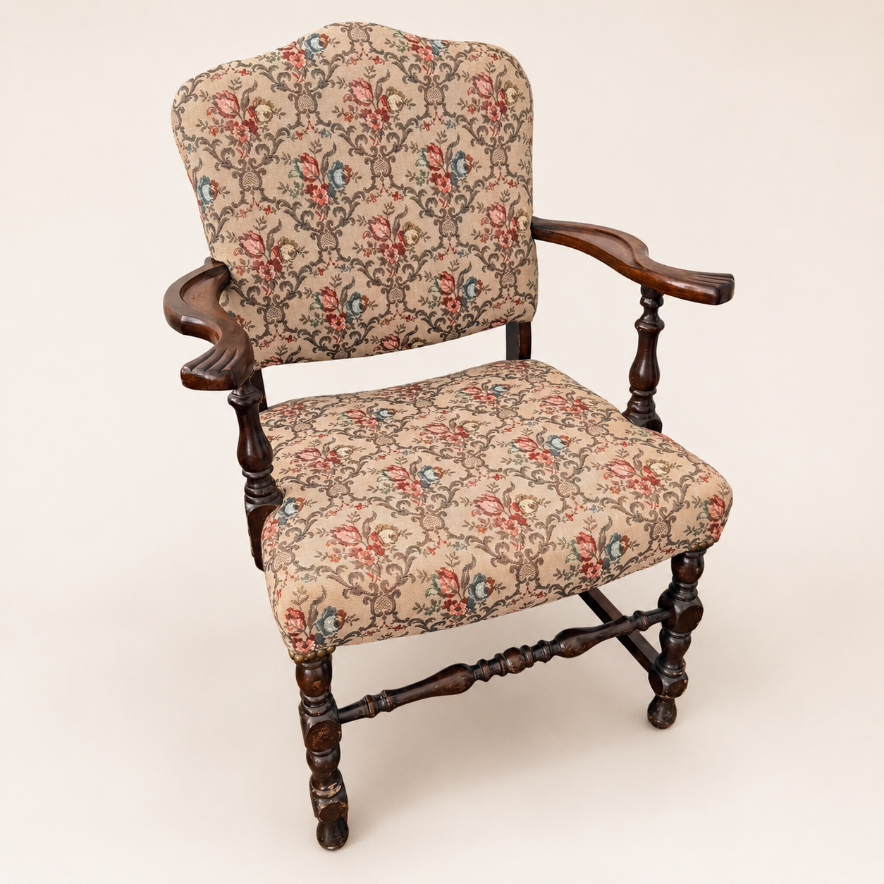 Antique Georgian Revival Armchair in Floral Tapestry, 1910s–1920s