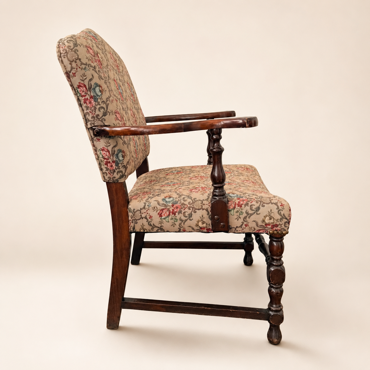 Antique Georgian Revival Armchair in Floral Tapestry, 1910s–1920s