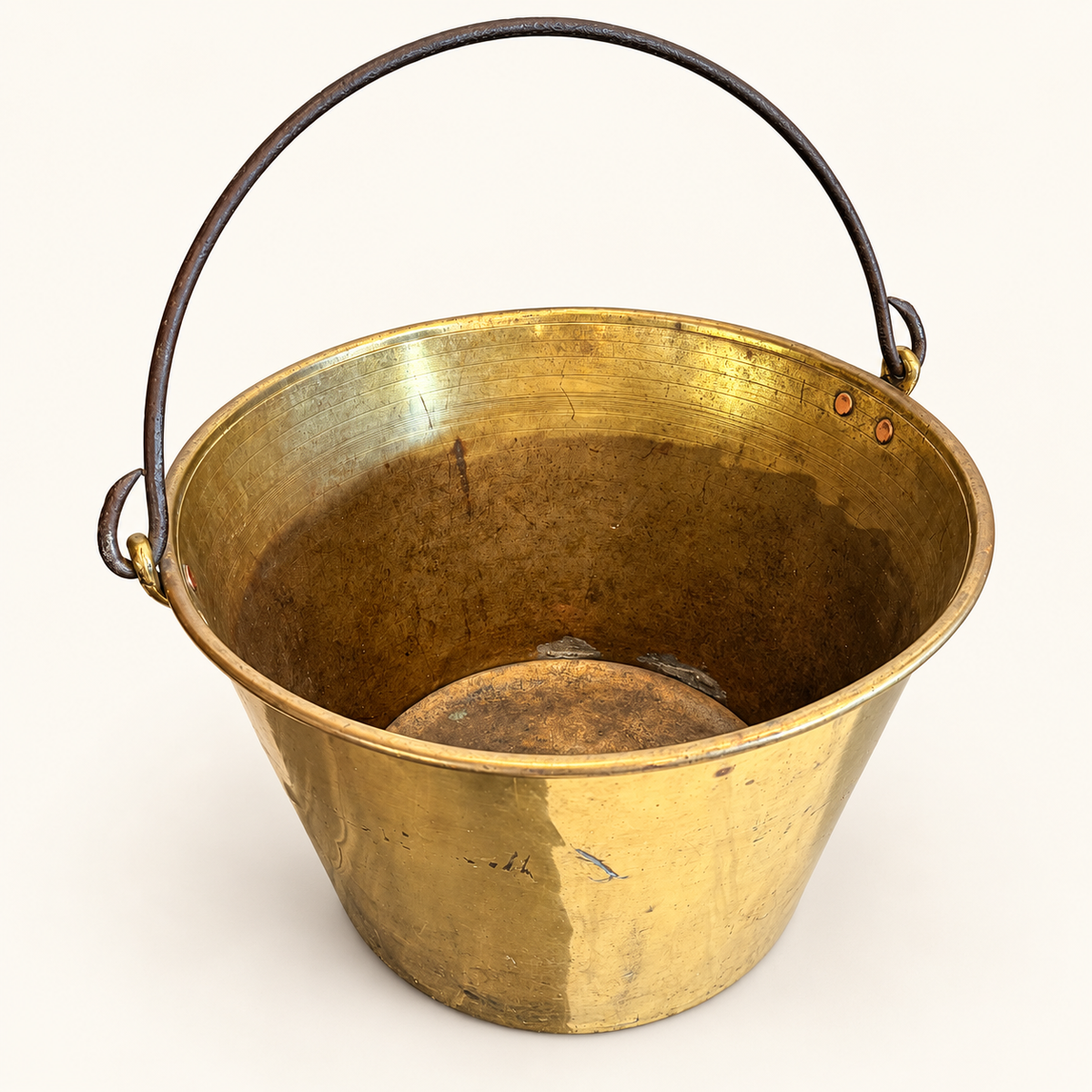 Antique H.W. Hayden patent spun brass pail with iron bail handle, photo 2 of 8