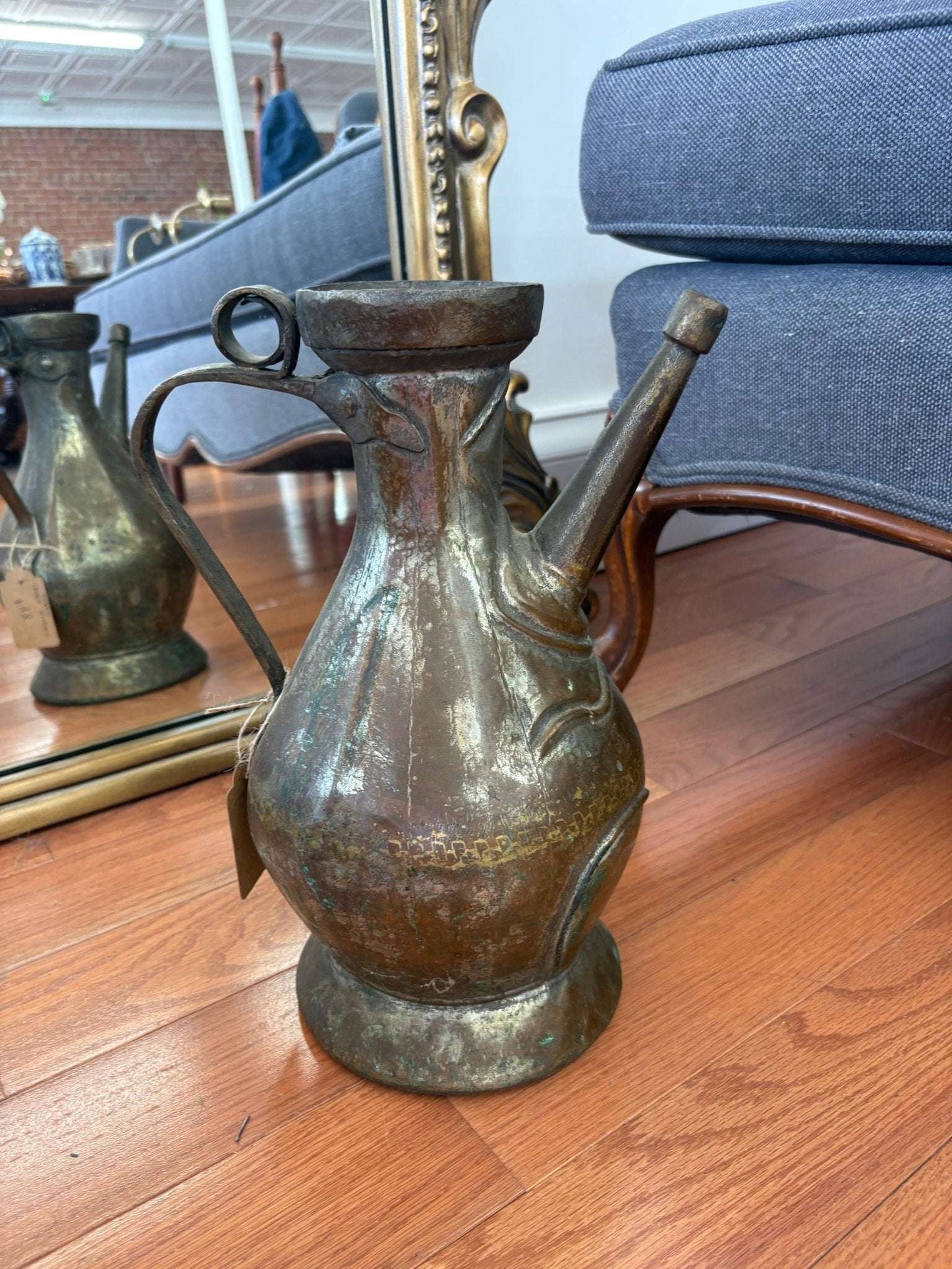 Antique Persian Copper Aftaba Ewer, 19th Century — Verdigris Patina - Loom Vintage