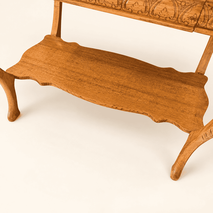 Shaped quartersawn oak lower shelf between cabriole legs