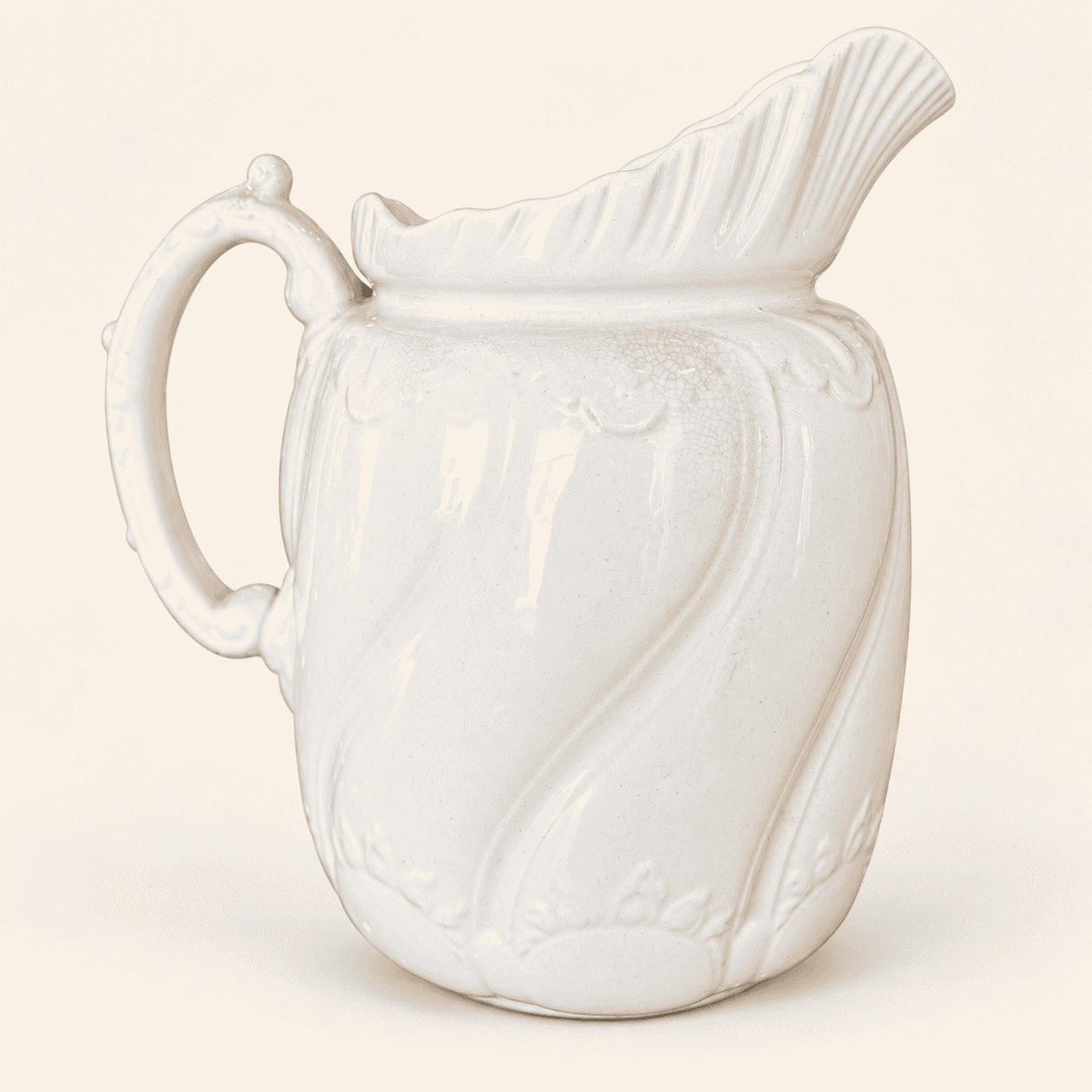 Antique white ironstone pitcher with swirl body and fan spout, photo 1 of 7