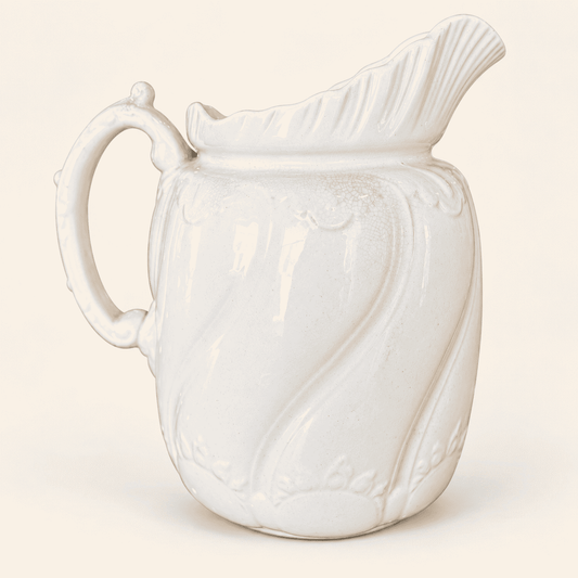 Antique white ironstone pitcher with swirl body and fan spout, photo 1 of 7