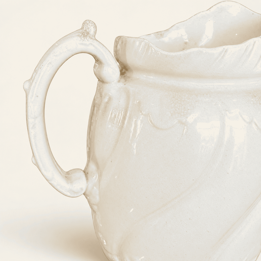 Antique white ironstone pitcher with swirl body and fan spout, photo 2 of 7
