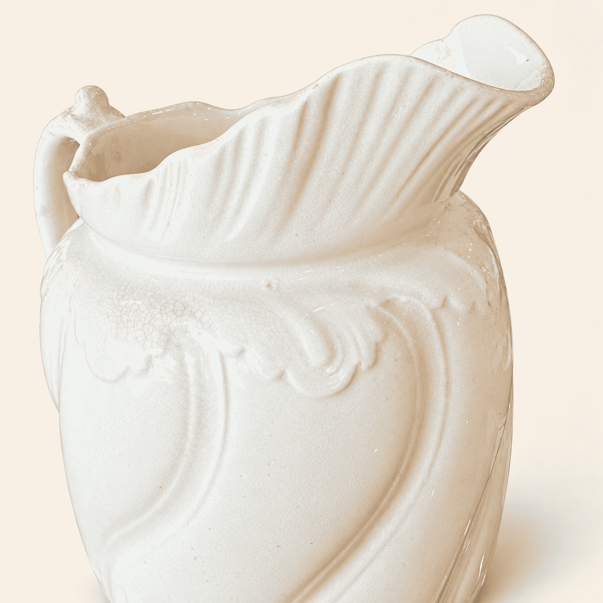 Antique white ironstone pitcher with swirl body and fan spout, photo 3 of 7