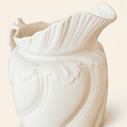 Antique white ironstone pitcher with swirl body and fan spout, photo 3 of 7