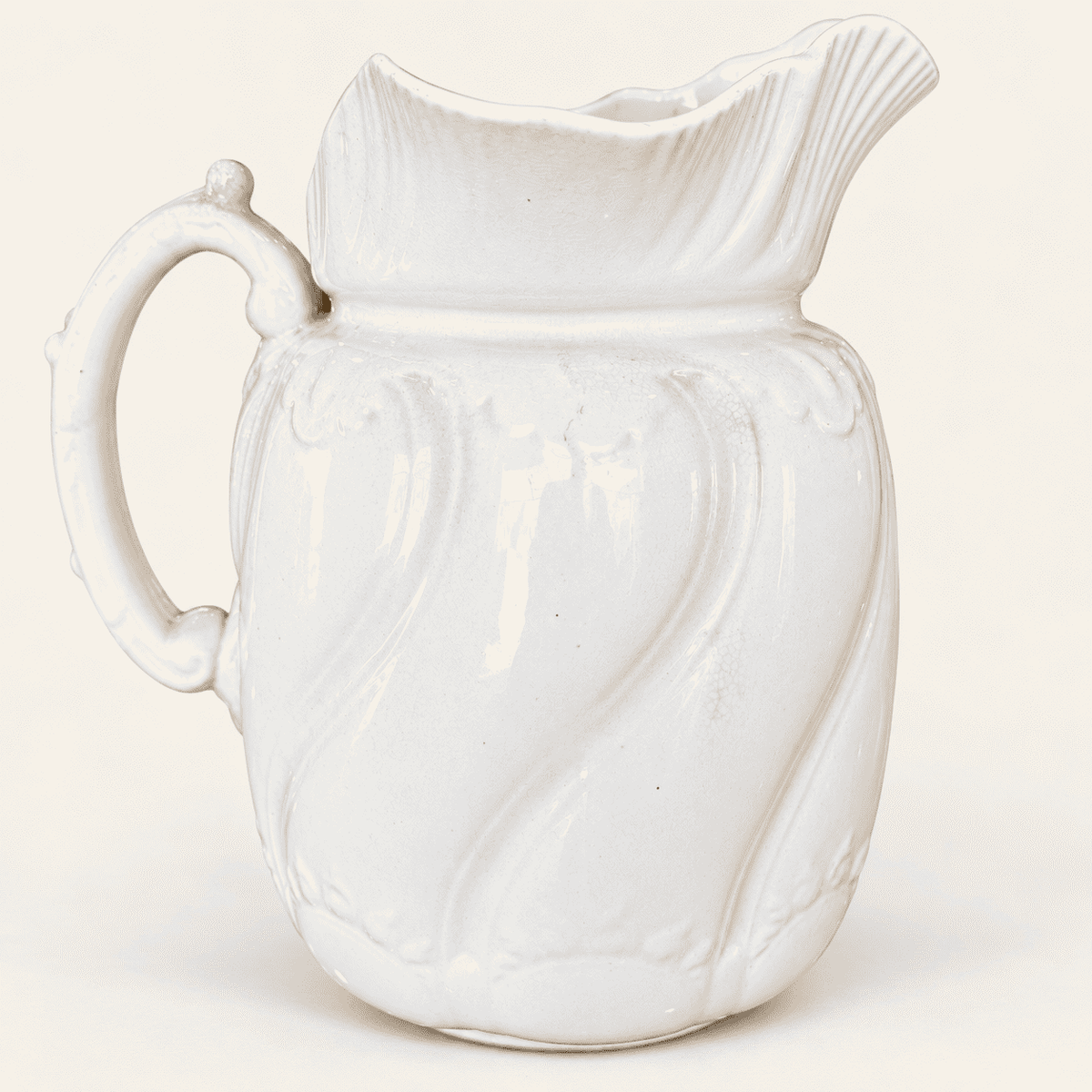 Antique white ironstone pitcher with swirl body and fan spout, photo 5 of 7