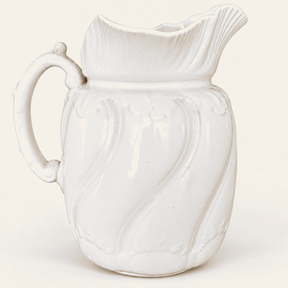 Antique white ironstone pitcher with swirl body and fan spout, photo 5 of 7