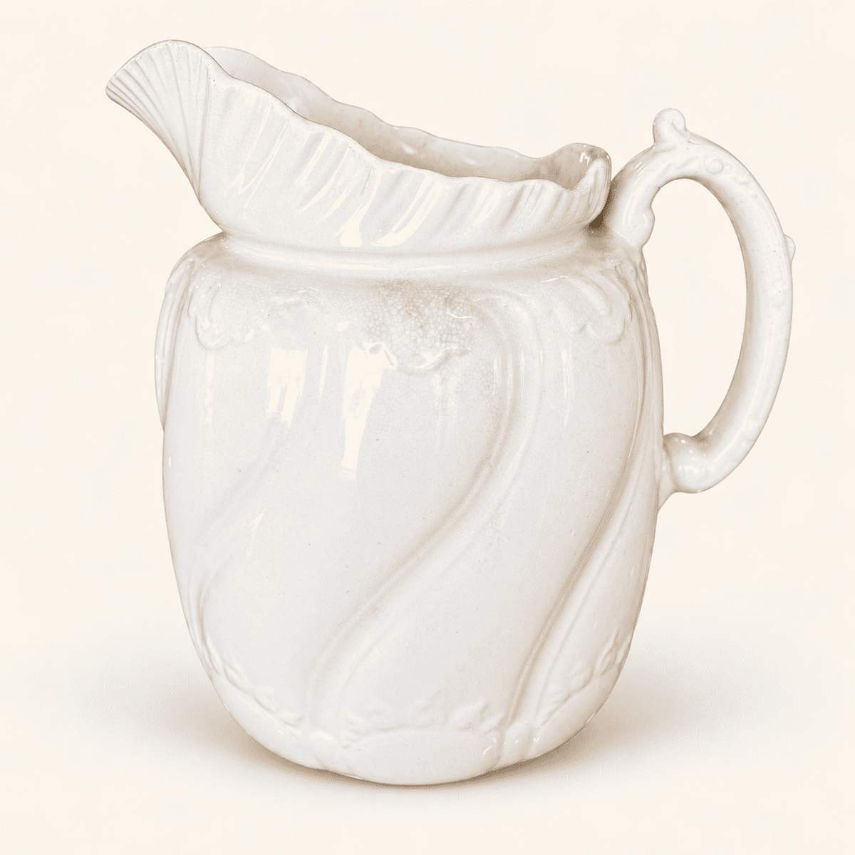 Antique white ironstone pitcher with swirl body and fan spout, photo 6 of 7