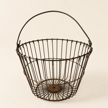 Antique Wire Egg Gathering Basket, Bail Handle, Farmhouse