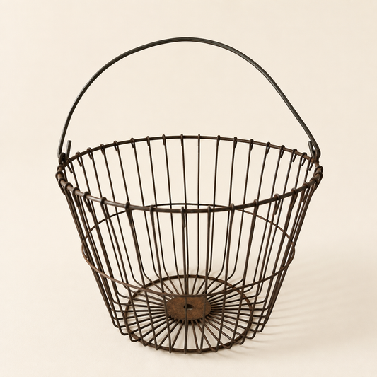 Antique Wire Egg Gathering Basket, Bail Handle, Farmhouse