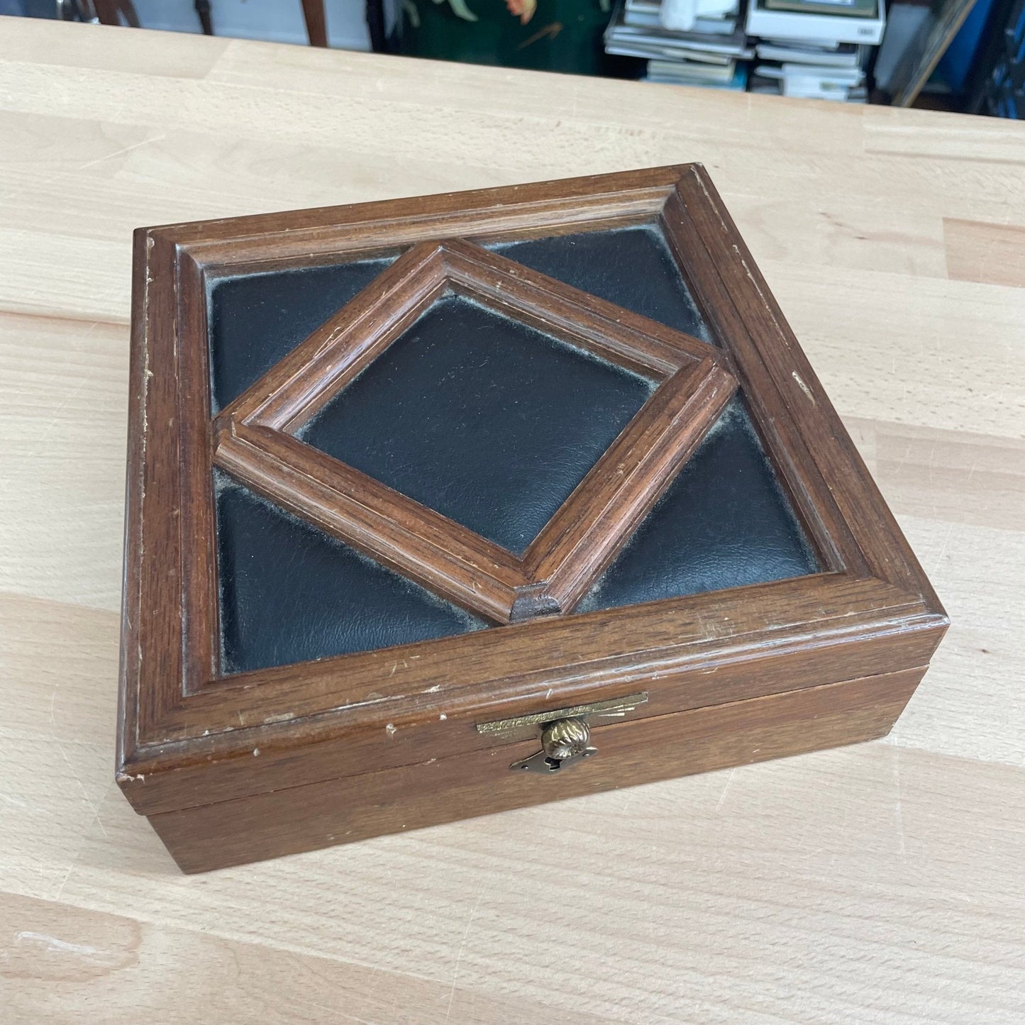 Apex Quality Antique Wood & Leather Jewelry Box — Diamond Lid Inset, Yellow Velvet Interior, 8"x8" - Loom Vintage