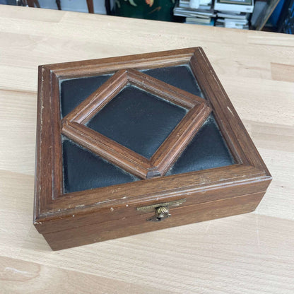 Apex Quality Antique Wood & Leather Jewelry Box — Diamond Lid Inset, Yellow Velvet Interior, 8"x8" - Loom Vintage