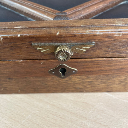 Apex Quality Antique Wood & Leather Jewelry Box — Diamond Lid Inset, Yellow Velvet Interior, 8"x8" - Loom Vintage