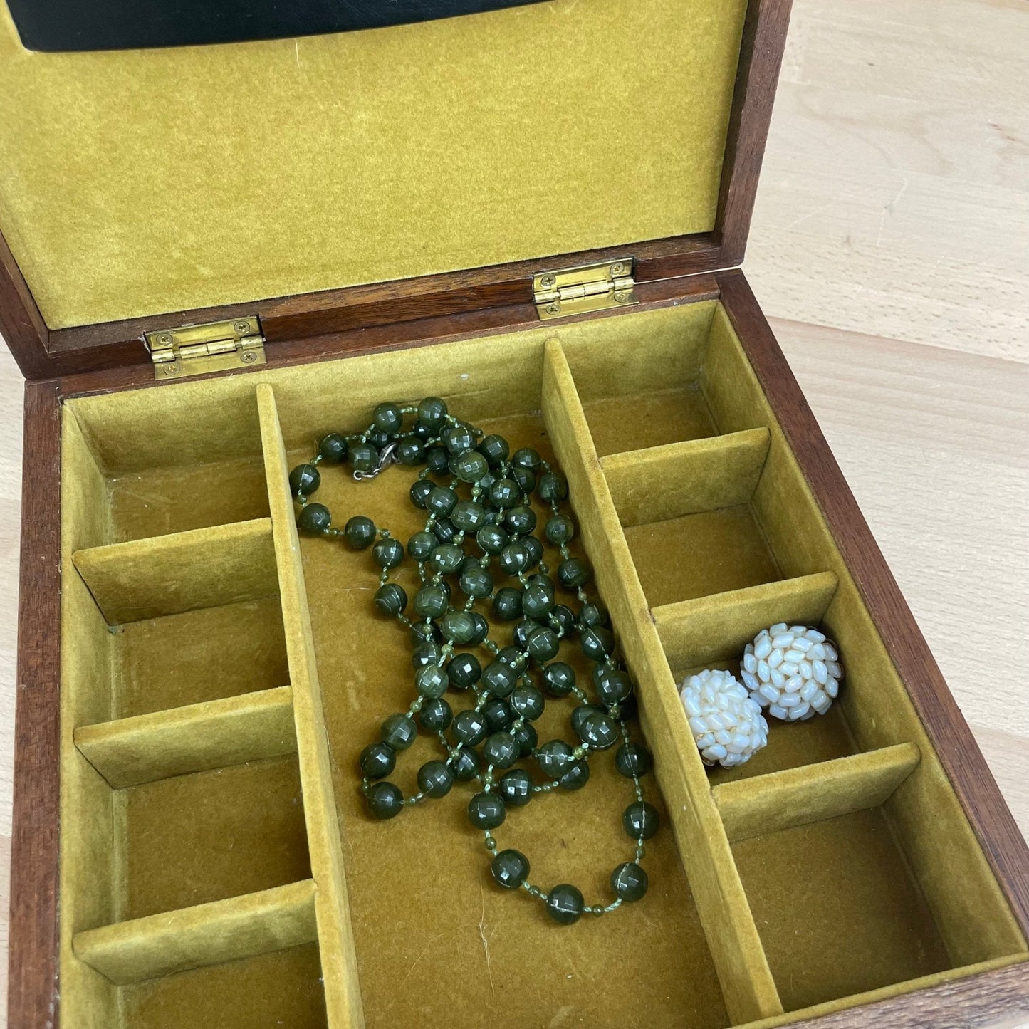 Apex Quality Antique Wood & Leather Jewelry Box — Diamond Lid Inset, Yellow Velvet Interior, 8"x8" - Loom Vintage