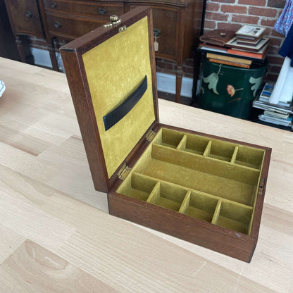 Apex Quality Antique Wood & Leather Jewelry Box — Diamond Lid Inset, Yellow Velvet Interior, 8"x8" - Loom Vintage