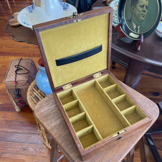 Apex Quality Antique Wood & Leather Jewelry Box — Diamond Lid Inset, Yellow Velvet Interior, 8"x8" - Loom Vintage