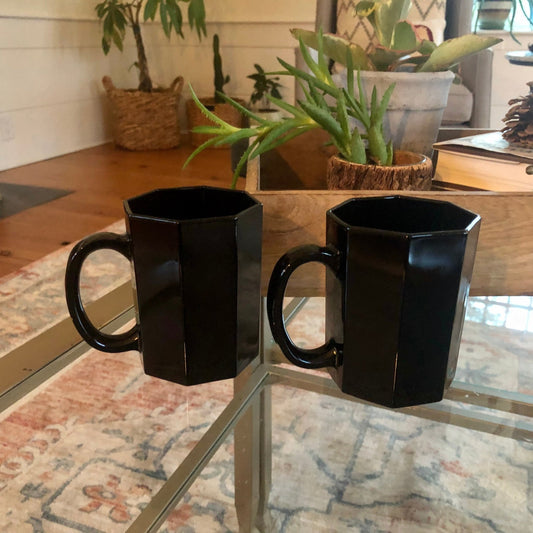 Arcoroc Octime Black Glass Coffee Mugs, Pair — Octagonal, 1980s, Made in France - Loom Vintage