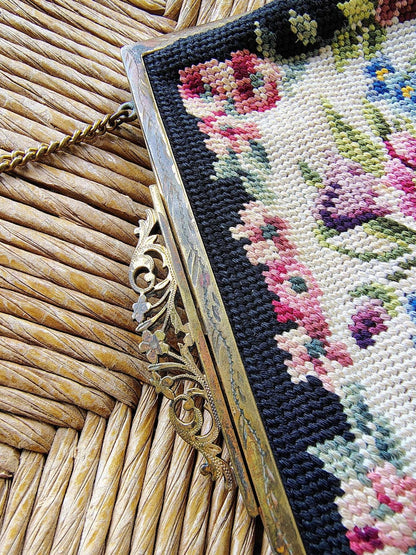 Austrian Needlepoint Evening Bag — Floral on Navy, Gold Filigree Frame, Chain Handle, c. 1930s - Loom Vintage