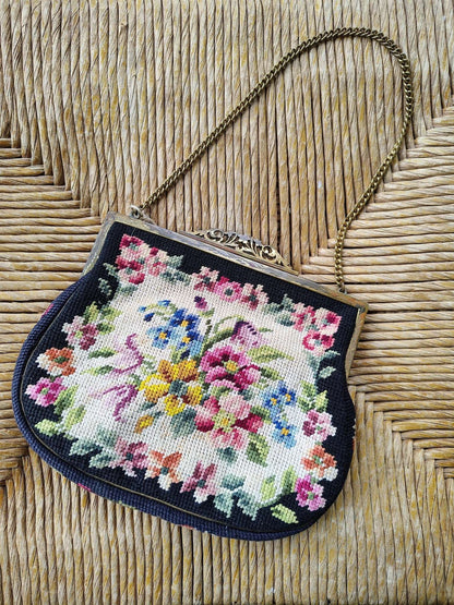 Austrian Needlepoint Evening Bag — Floral on Navy, Gold Filigree Frame, Chain Handle, c. 1930s - Loom Vintage