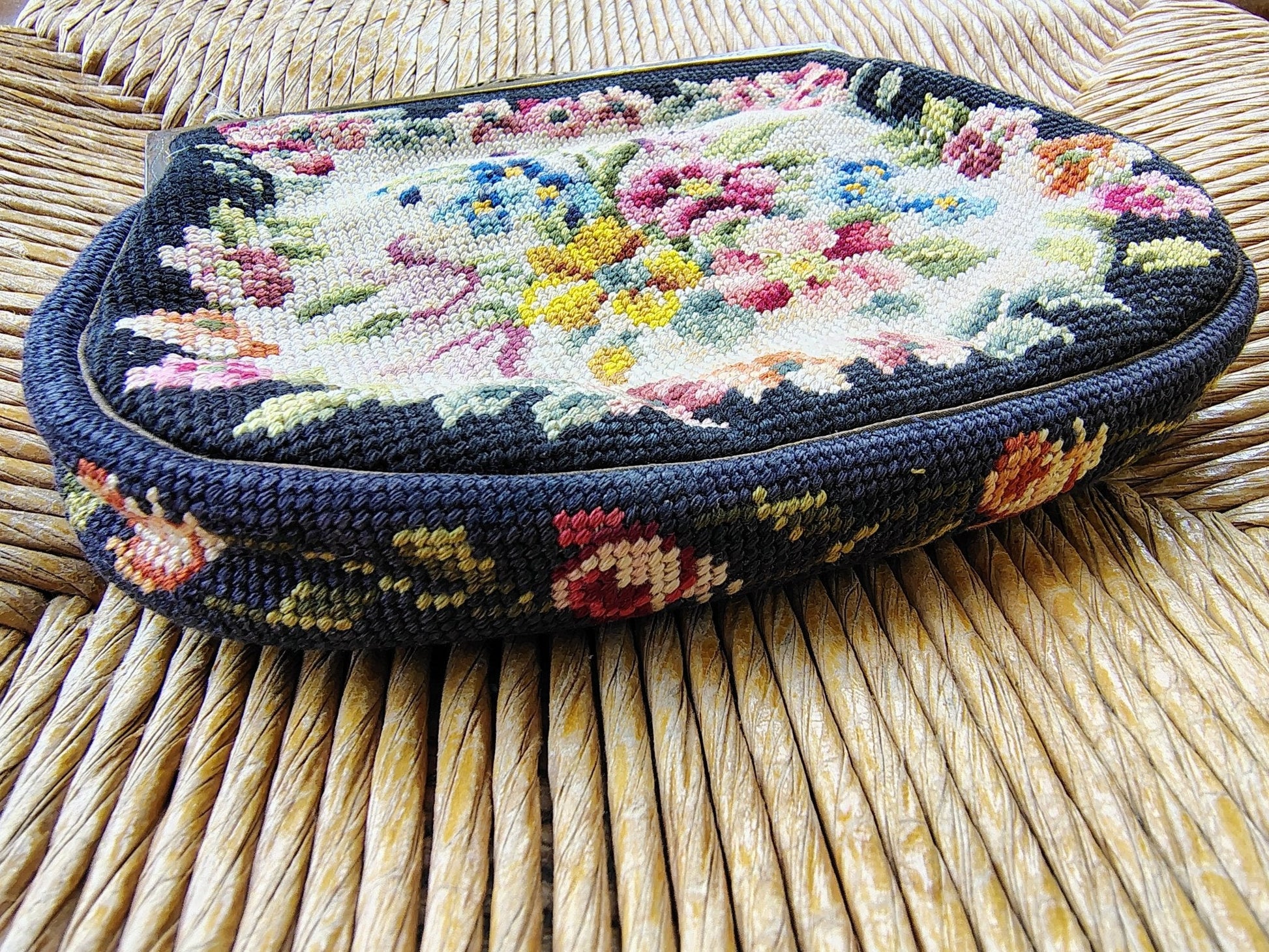 Austrian Needlepoint Evening Bag — Floral on Navy, Gold Filigree Frame, Chain Handle, c. 1930s - Loom Vintage