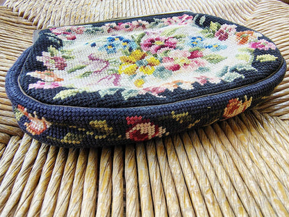 Austrian Needlepoint Evening Bag — Floral on Navy, Gold Filigree Frame, Chain Handle, c. 1930s - Loom Vintage