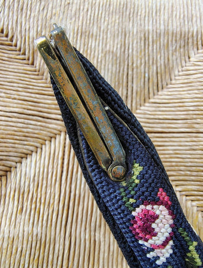 Austrian Needlepoint Evening Bag — Floral on Navy, Gold Filigree Frame, Chain Handle, c. 1930s - Loom Vintage