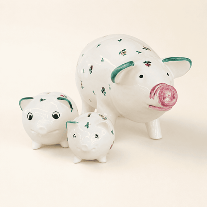 Set of three hand-painted Austrian Streublumen floral piggy banks in graduated sizes, front view