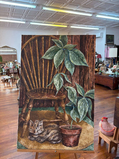 B. Nerreau Oil Painting – Sleeping Tabby Windsor Chair & Houseplant 30″ × 24″ Canvas - Loom Vintage