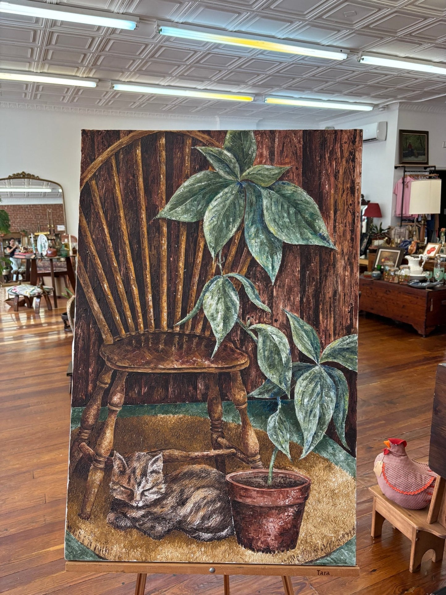 B. Nerreau Oil Painting – Sleeping Tabby Windsor Chair & Houseplant 30″ × 24″ Canvas - Loom Vintage