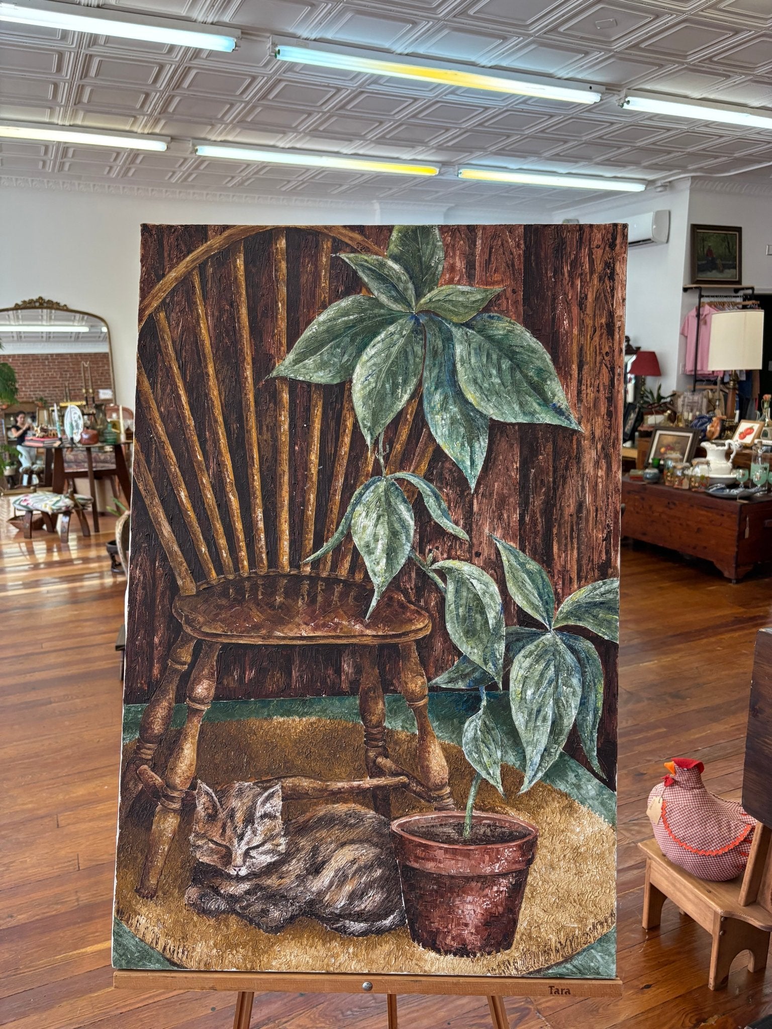 B. Nerreau Oil Painting – Sleeping Tabby Windsor Chair & Houseplant 30″ × 24″ Canvas - Loom Vintage