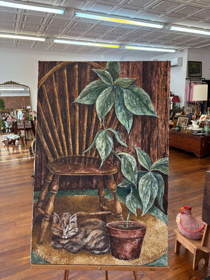 B. Nerreau Oil Painting – Sleeping Tabby Windsor Chair & Houseplant 30″ × 24″ Canvas - Loom Vintage